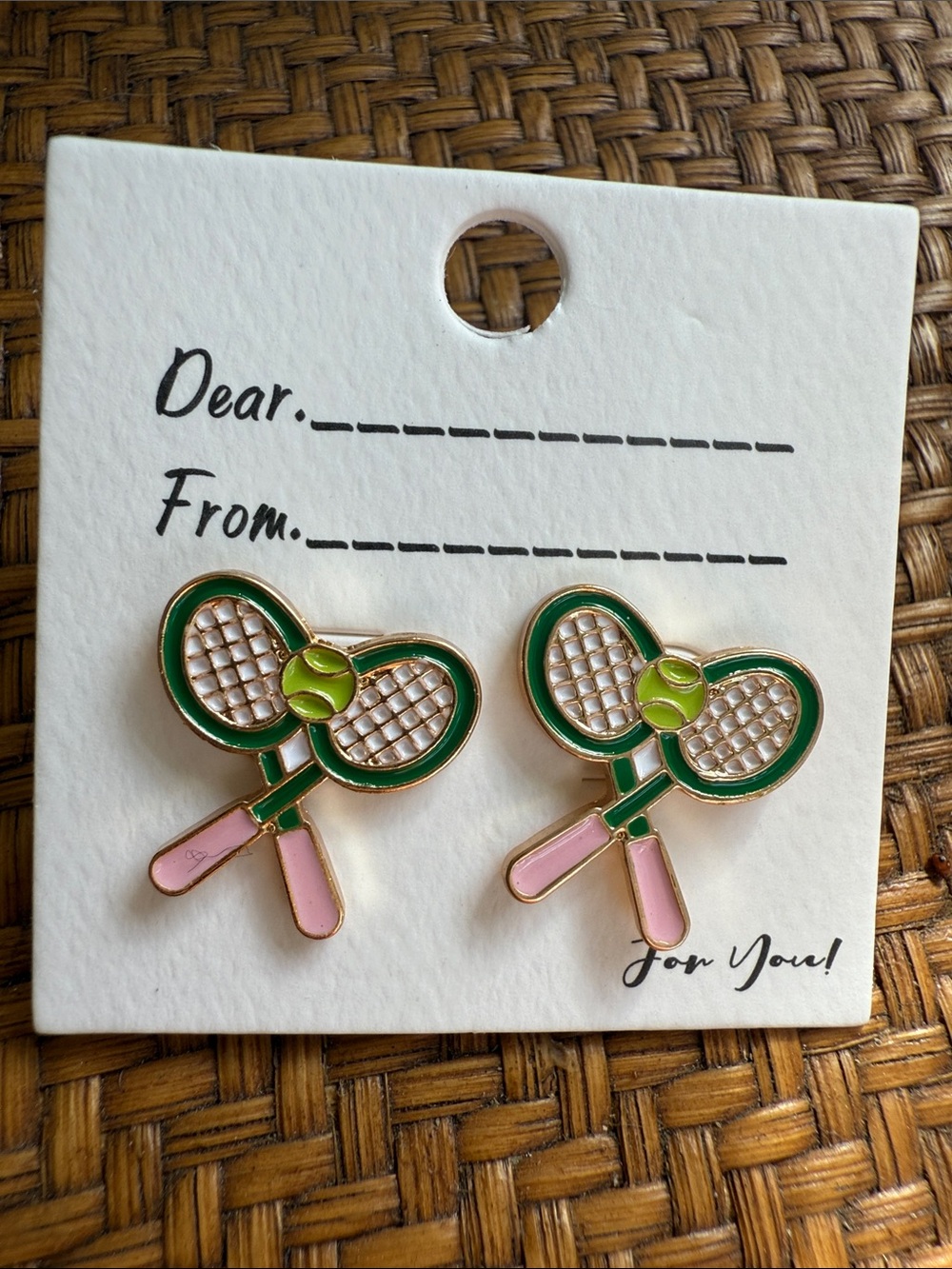 Tennis Racket & Ball Enamel Earrings in Green and Pink - Picture 2 of 6